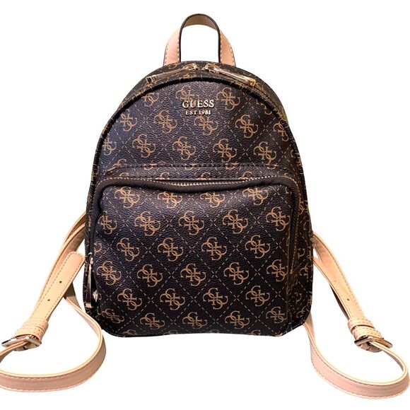 GUESS Mini Backpack Brown Logo Print Faux Leather Monogram Bag - Picture 1 of 13